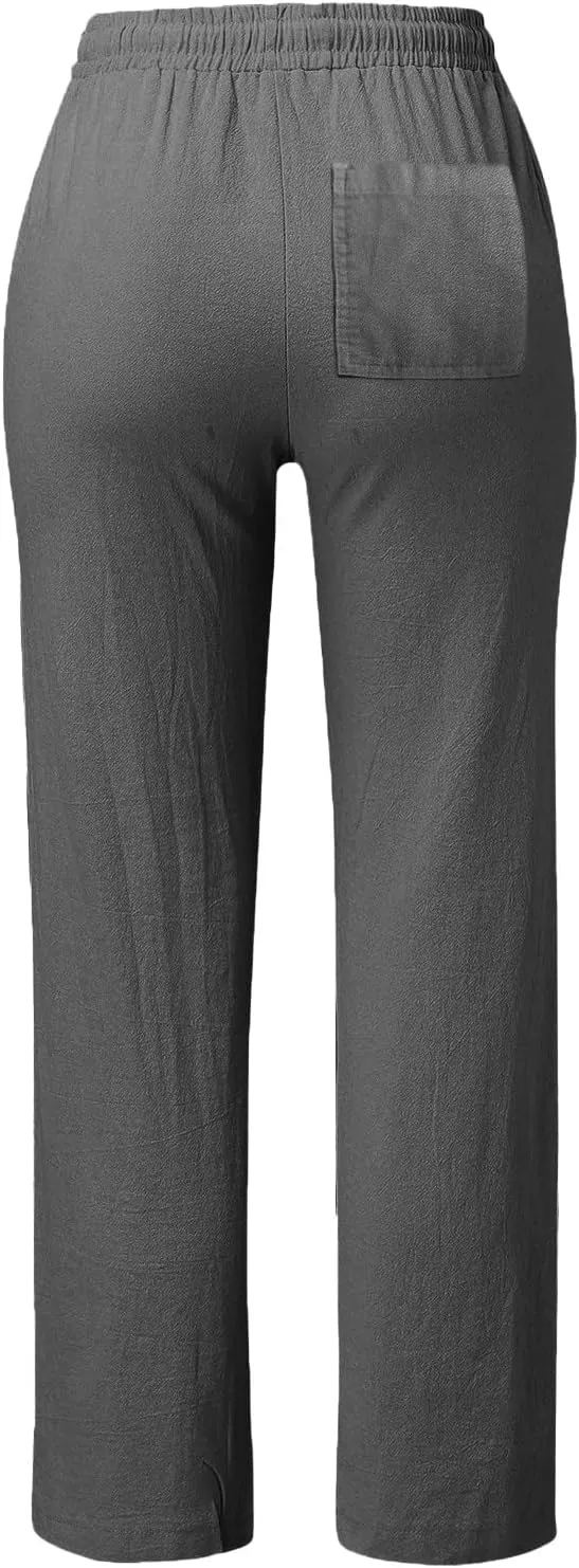 Women Linen Summer Loose Flowy Pant Trousers Low Waist Stretchy Straight Slim-Fit Pants Trendy