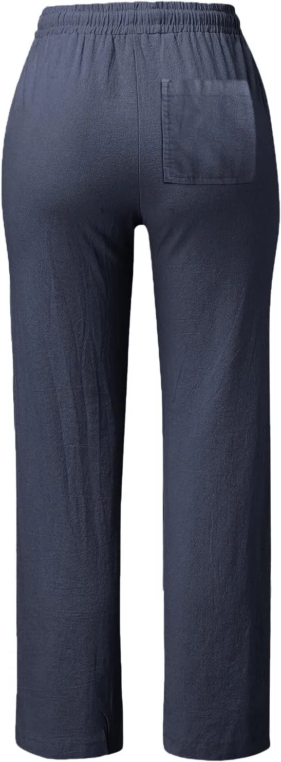 Women Linen Summer Loose Flowy Pant Trousers Low Waist Stretchy Straight Slim-Fit Pants Trendy