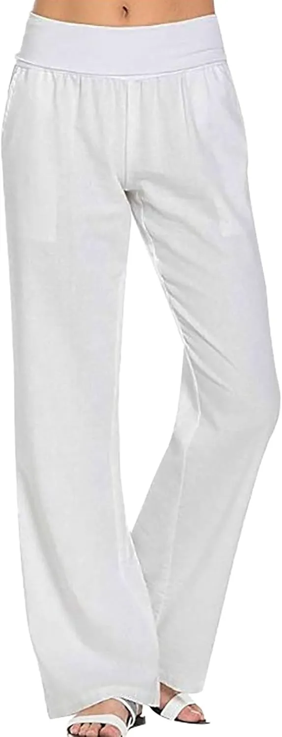 Women Linen Summer Solid Pants High Waist Ankle Length Plus Size Trousers Trendy