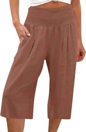 Women Linen Summer Solid Pants High Waist Ankle Length Plus Size Trousers Trendy