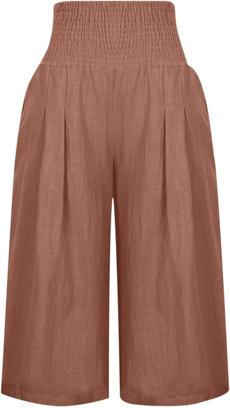 Women Linen Summer Solid Pants High Waist Ankle Length Plus Size Trousers Trendy