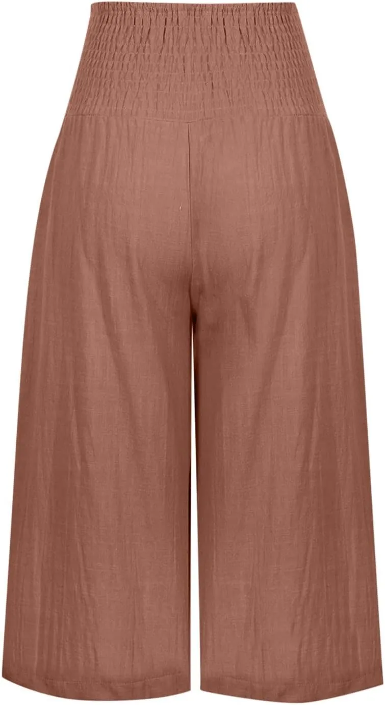 Women Linen Summer Solid Pants High Waist Ankle Length Plus Size Trousers Trendy