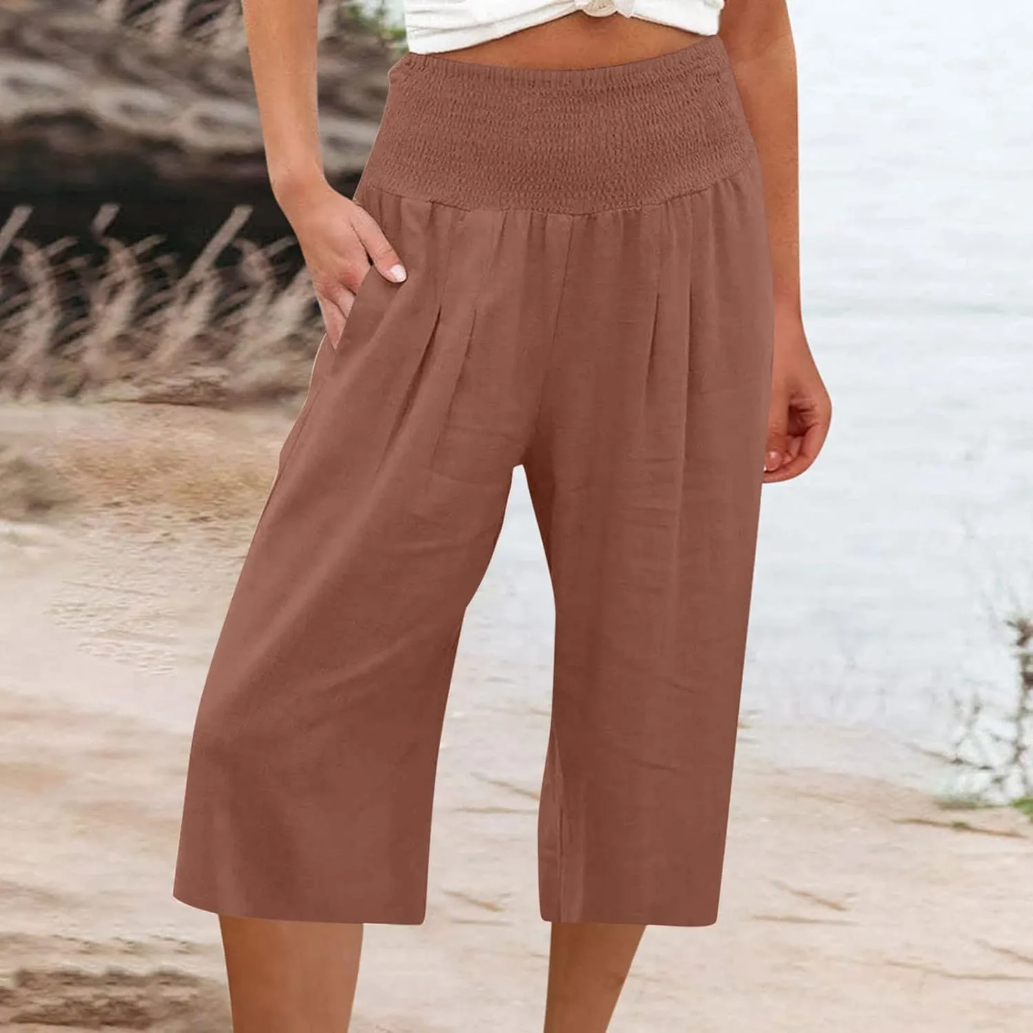 Women Linen Summer Solid Pants High Waist Ankle Length Plus Size Trousers Trendy
