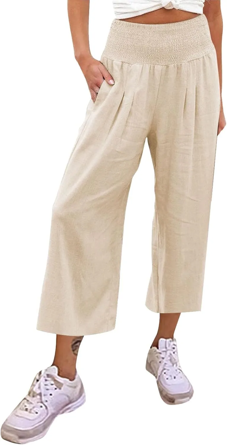 Women Linen Summer Trendy Pants Elastic Waist Ankle Length Slim Fit Pant Trousers Office