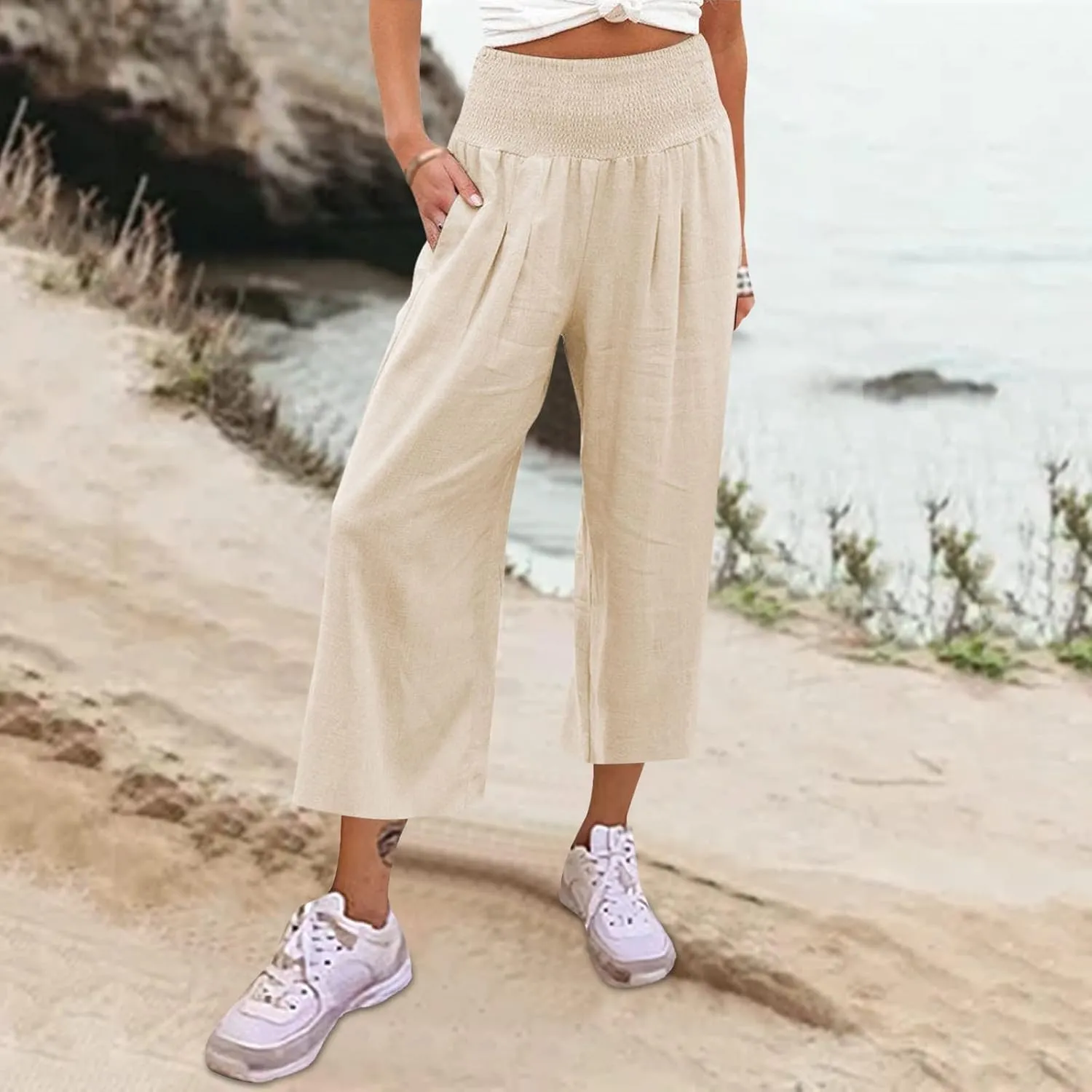 Women Linen Summer Trendy Pants Elastic Waist Ankle Length Slim Fit Pant Trousers Office