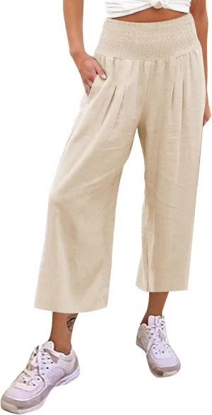 Women Linen Summer Trendy Pants Elastic Waist Ankle Length Slim Fit Pant Trousers Office