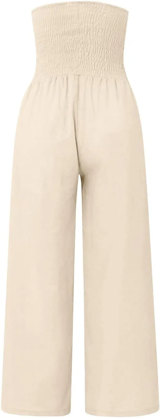 Women Linen Summer Trendy Pants Elastic Waist Ankle Length Slim Fit Pant Trousers Office