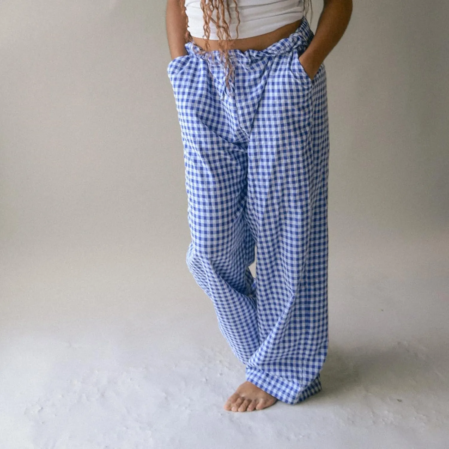 Women Plaid Wide Leg Pants High Waist Drawstring Pants Casual Lounge Pants Loose Trousers Sweatpants Bottoms
