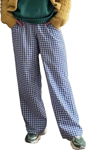 Women Plaid Wide Leg Pants High Waist Drawstring Pants Casual Lounge Pants Loose Trousers Sweatpants Bottoms