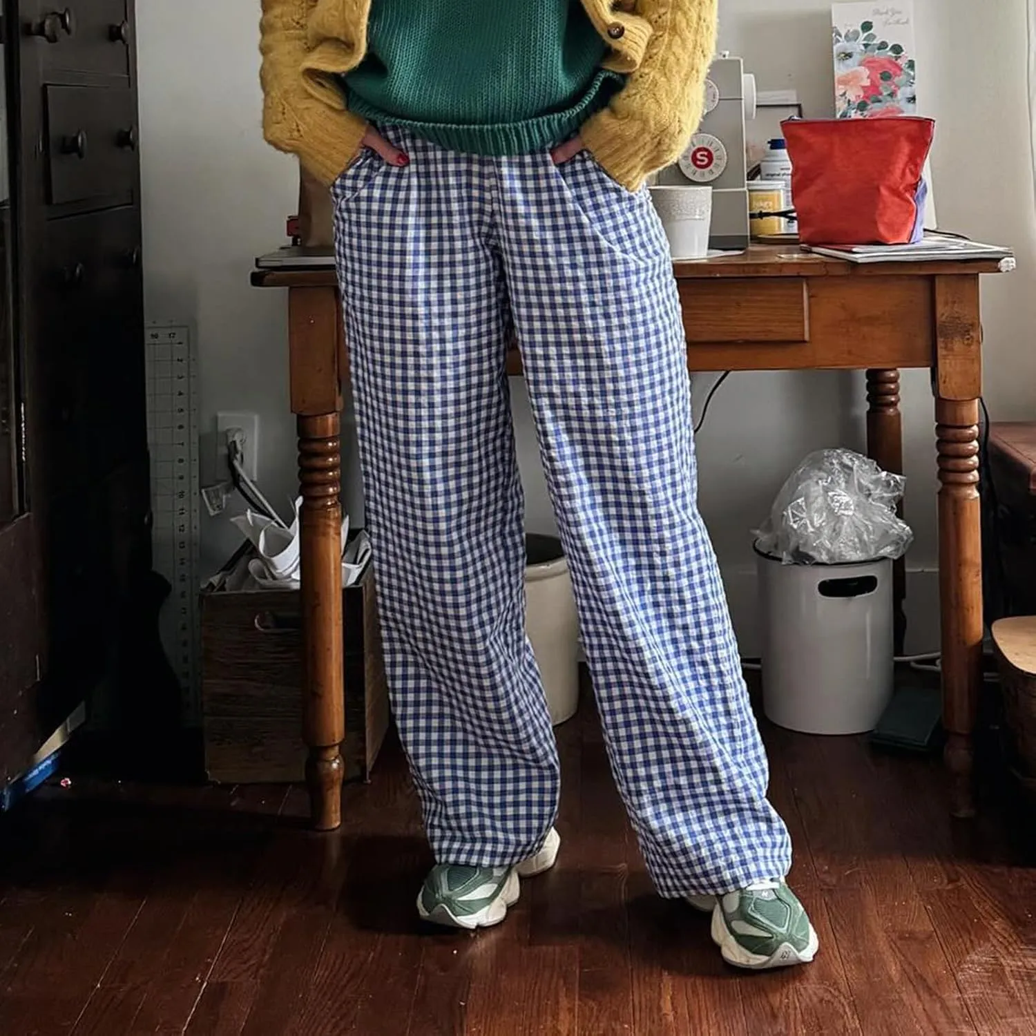 Women Plaid Wide Leg Pants High Waist Drawstring Pants Casual Lounge Pants Loose Trousers Sweatpants Bottoms