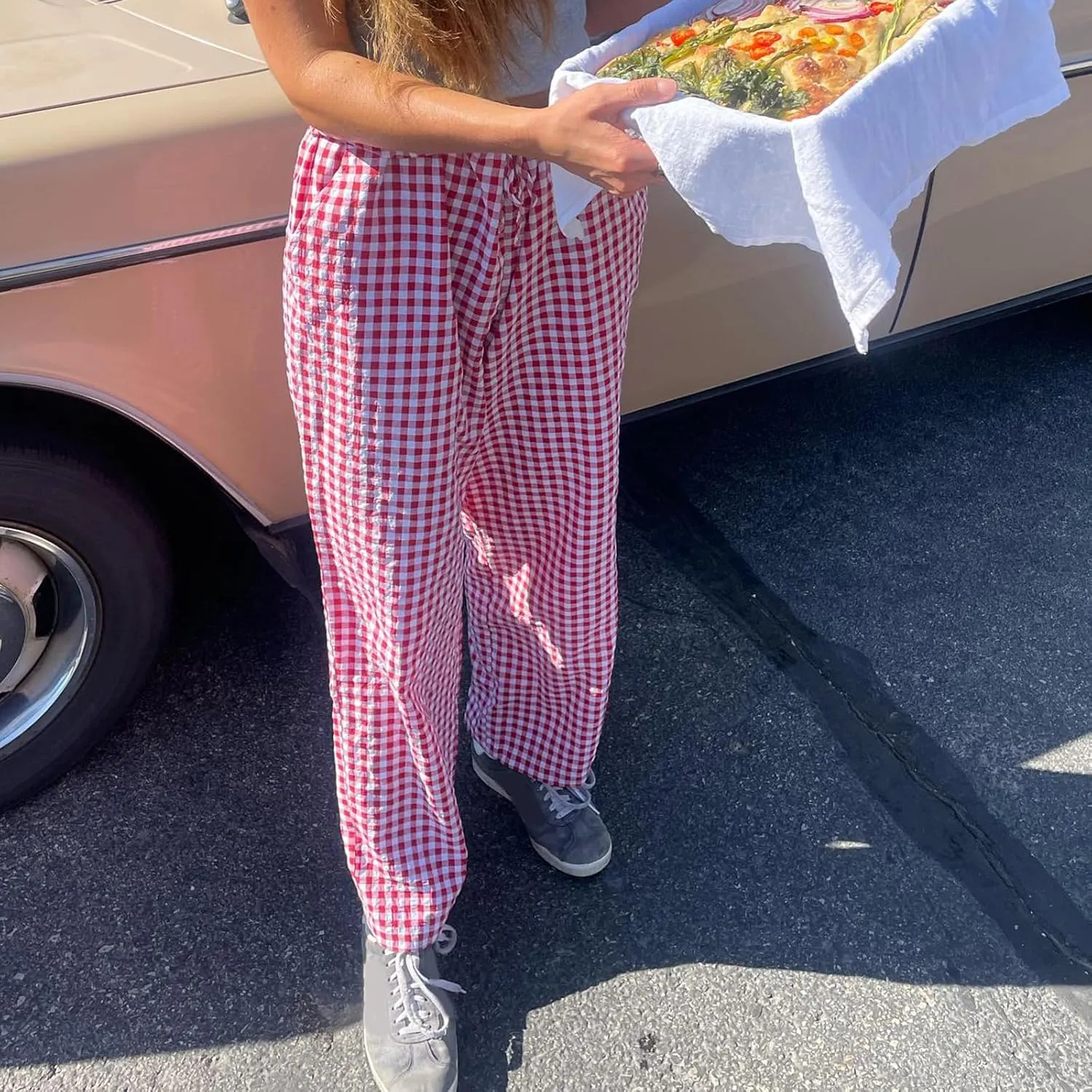 Women Plaid Wide Leg Pants High Waist Drawstring Pants Casual Lounge Pants Loose Trousers Sweatpants Bottoms