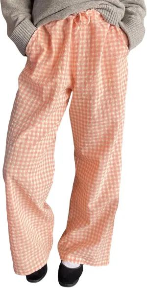 Women Plaid Wide Leg Pants High Waist Drawstring Pants Casual Lounge Pants Loose Trousers Sweatpants Bottoms