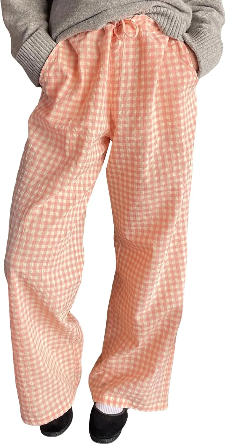 Women Plaid Wide Leg Pants High Waist Drawstring Pants Casual Lounge Pants Loose Trousers Sweatpants Bottoms