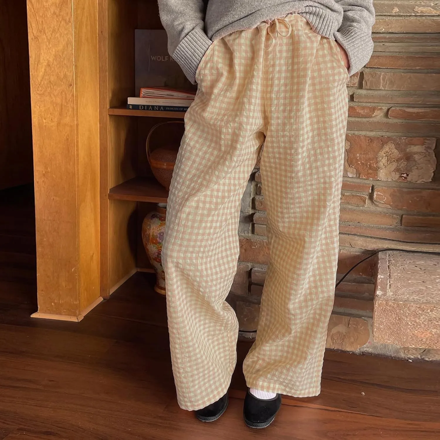 Women Plaid Wide Leg Pants High Waist Drawstring Pants Casual Lounge Pants Loose Trousers Sweatpants Bottoms
