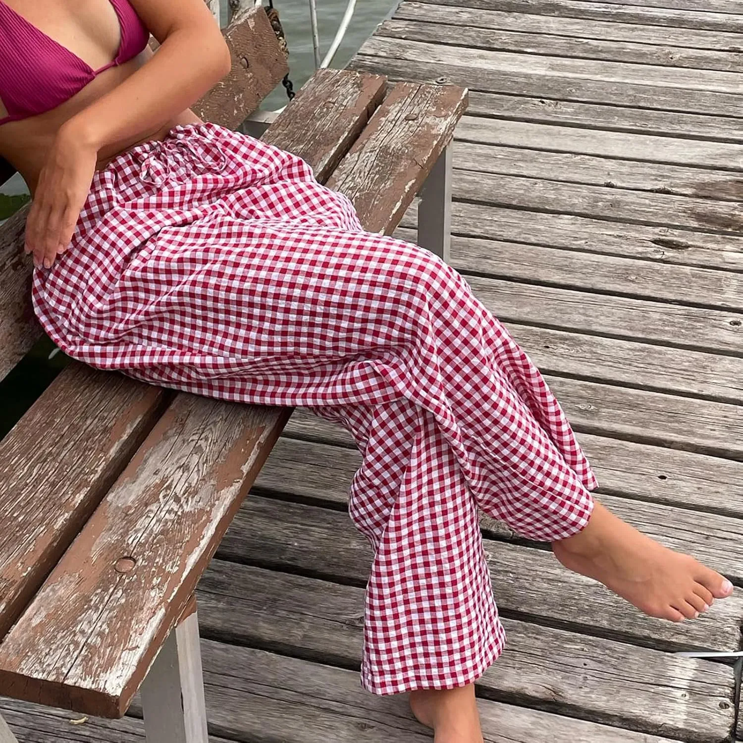 Women Plaid Wide Leg Pants High Waist Drawstring Pants Casual Lounge Pants Loose Trousers Sweatpants Bottoms