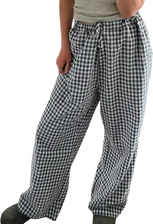 Women Plaid Wide Leg Pants High Waist Drawstring Pants Casual Lounge Pants Loose Trousers Sweatpants Bottoms