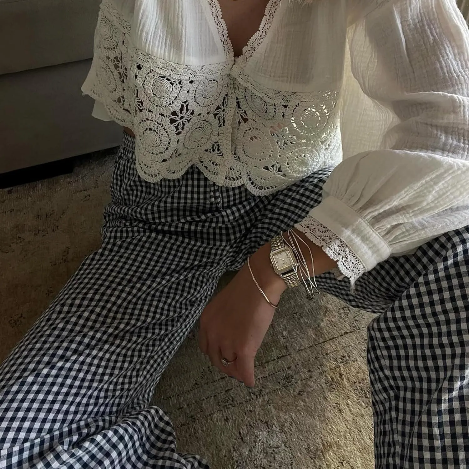 Women Plaid Wide Leg Pants High Waist Drawstring Pants Casual Lounge Pants Loose Trousers Sweatpants Bottoms