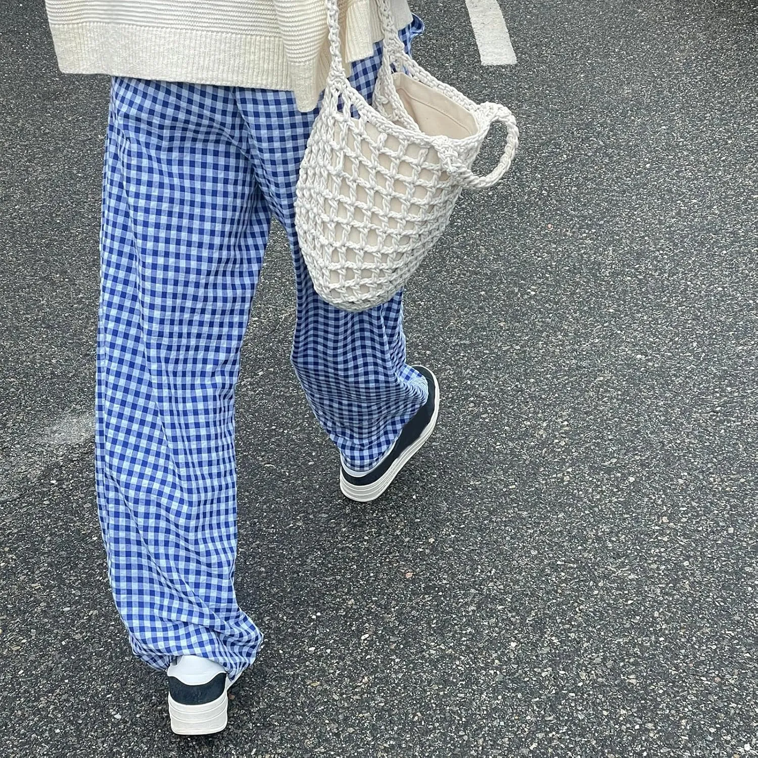 Women Plaid Wide Leg Pants High Waist Drawstring Pants Casual Lounge Pants Loose Trousers Sweatpants Bottoms