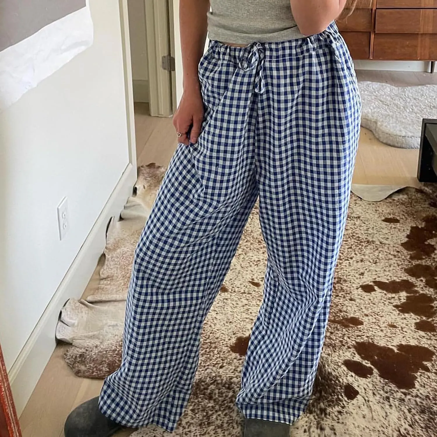 Women Plaid Wide Leg Pants High Waist Drawstring Pants Casual Lounge Pants Loose Trousers Sweatpants Bottoms