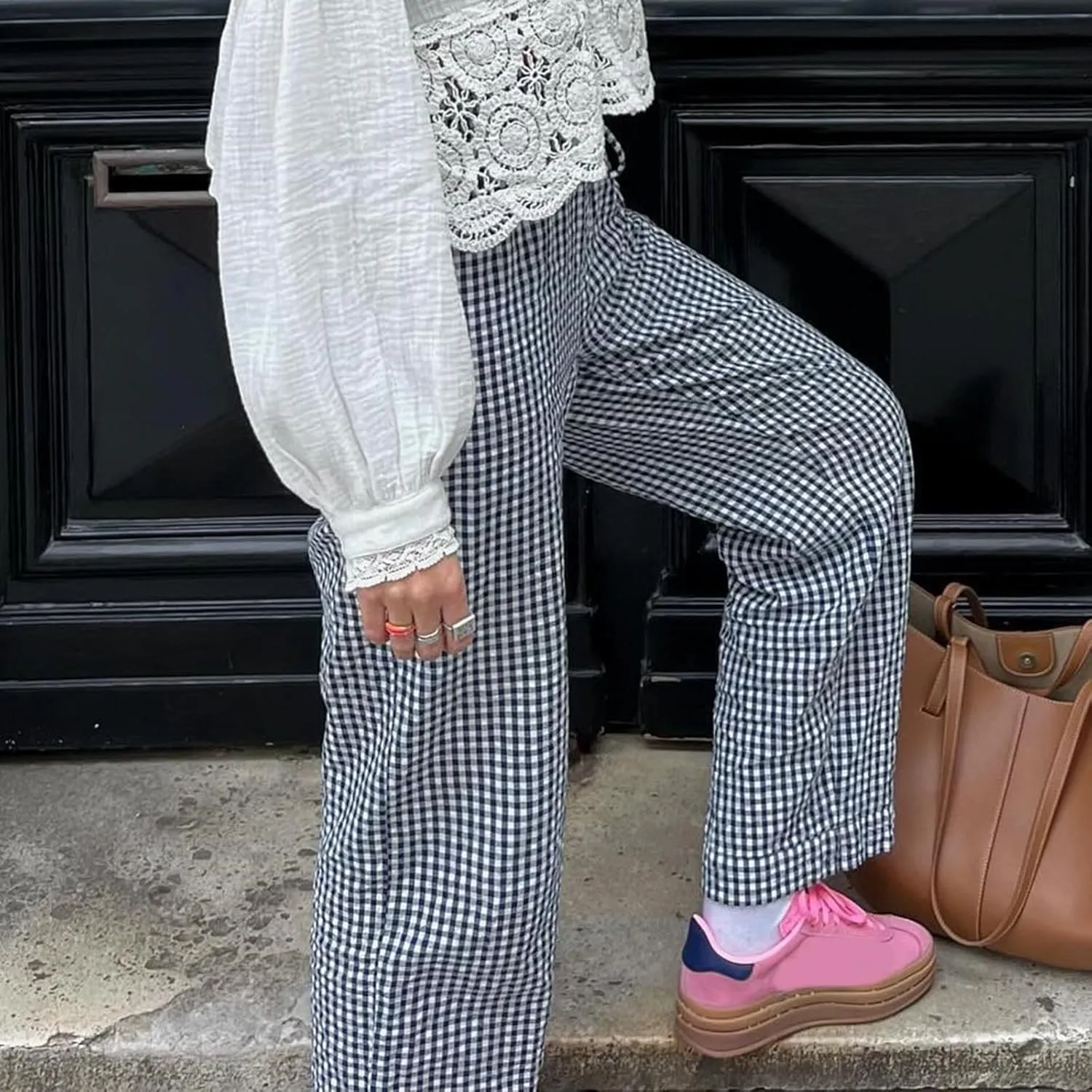 Women Plaid Wide Leg Pants High Waist Drawstring Pants Casual Lounge Pants Loose Trousers Sweatpants Bottoms