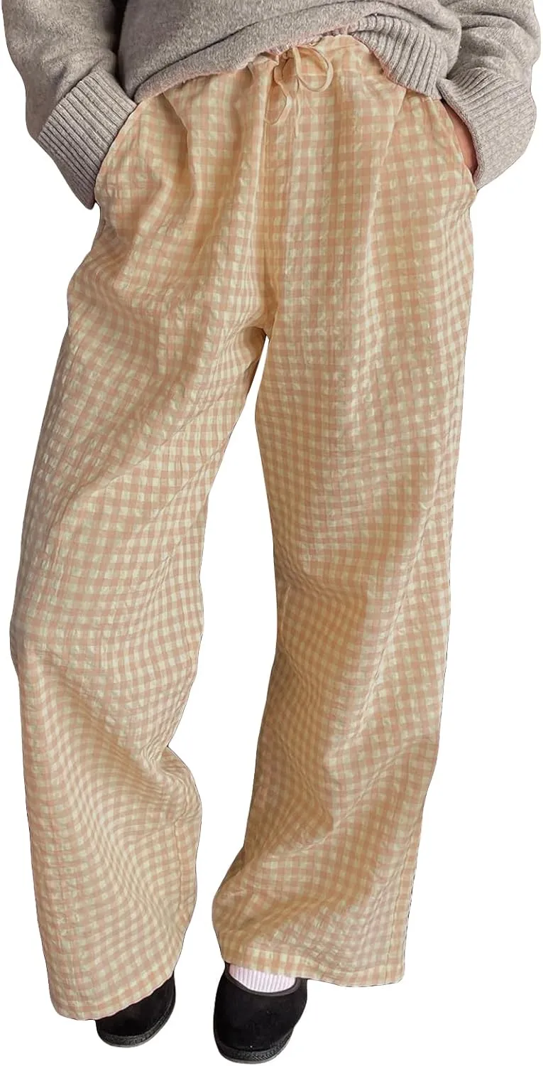 Women Plaid Wide Leg Pants High Waist Drawstring Pants Casual Lounge Pants Loose Trousers Sweatpants Bottoms