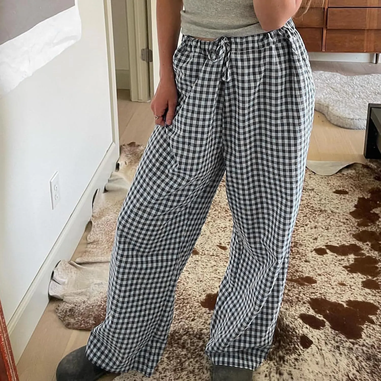 Women Plaid Wide Leg Pants High Waist Drawstring Pants Casual Lounge Pants Loose Trousers Sweatpants Bottoms