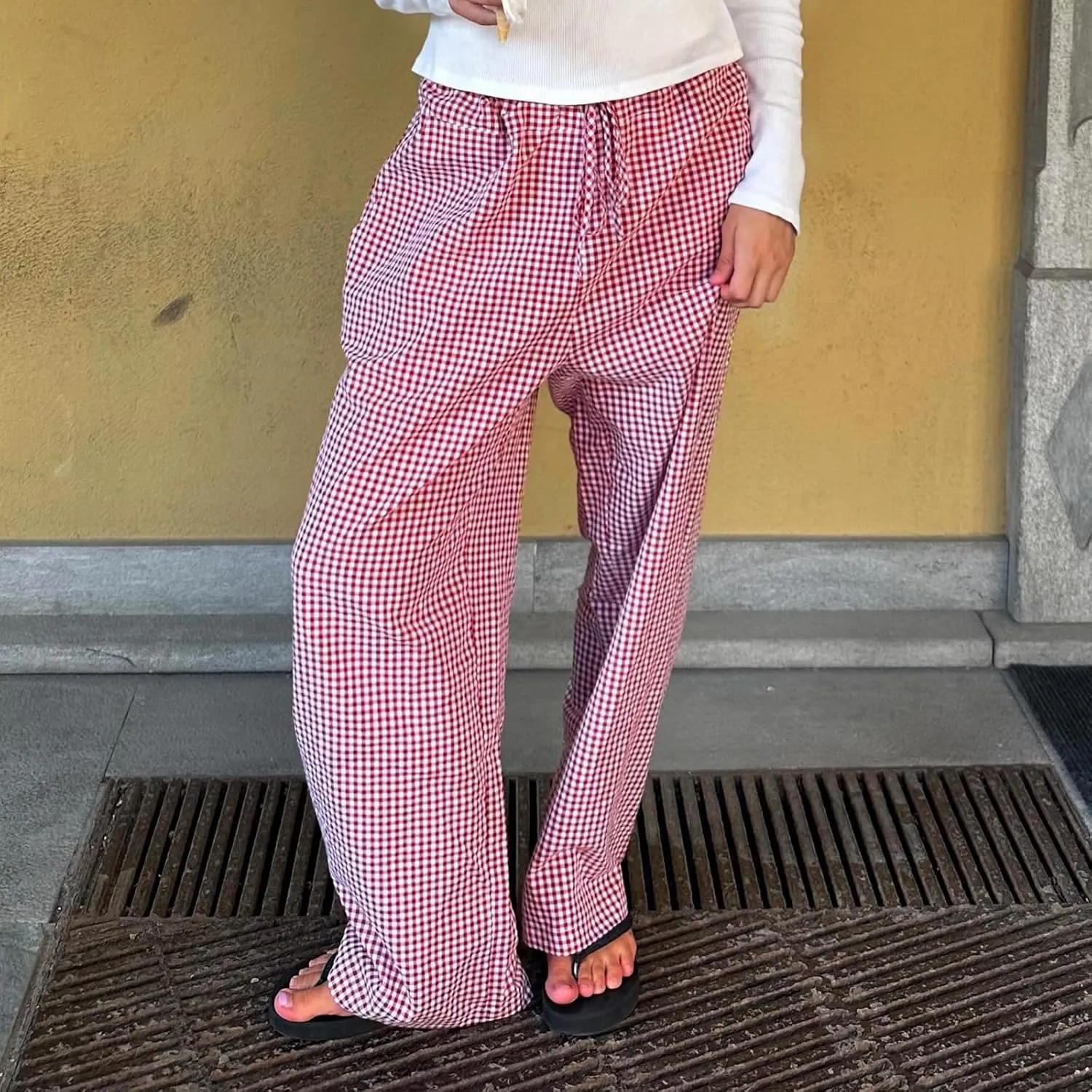 Women Plaid Wide Leg Pants High Waist Drawstring Pants Casual Lounge Pants Loose Trousers Sweatpants Bottoms
