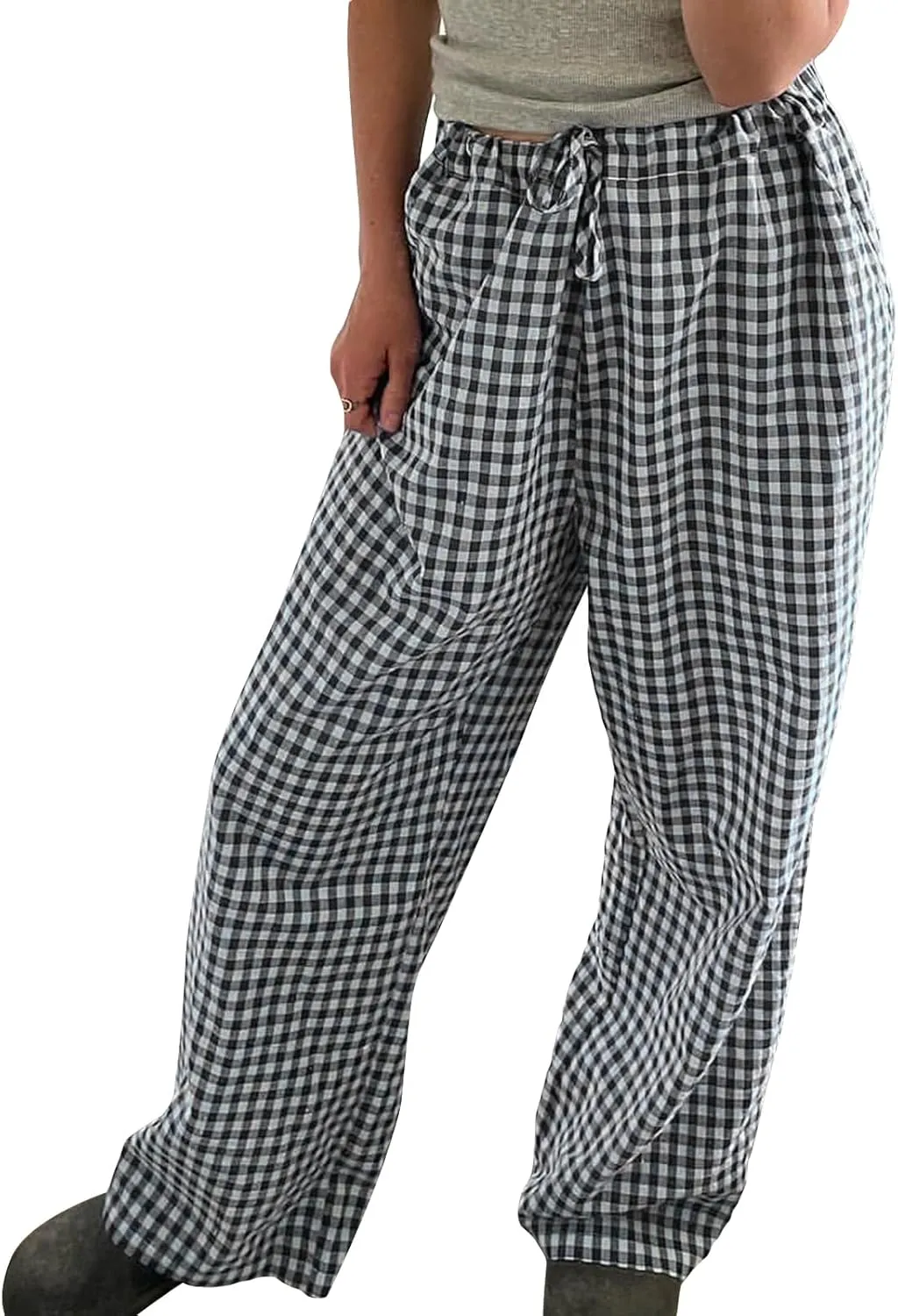 Women Plaid Wide Leg Pants High Waist Drawstring Pants Casual Lounge Pants Loose Trousers Sweatpants Bottoms