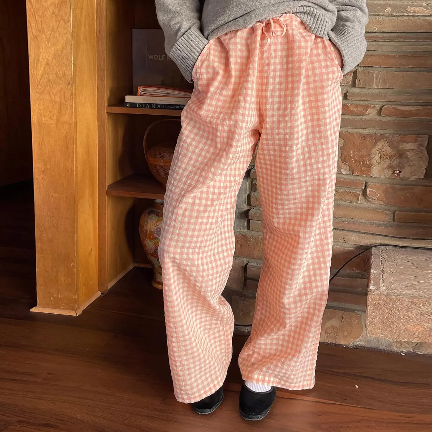 Women Plaid Wide Leg Pants High Waist Drawstring Pants Casual Lounge Pants Loose Trousers Sweatpants Bottoms