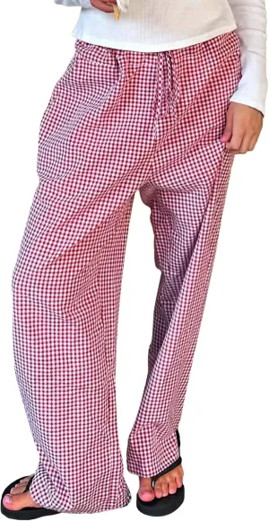 Women Plaid Wide Leg Pants High Waist Drawstring Pants Casual Lounge Pants Loose Trousers Sweatpants Bottoms