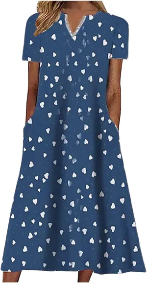 Women Plus Size Short Sleeve Notch V Neck Dress Trendy Heart Print Midi Dresses with Pockets Loose Swing Casual Dress Blue