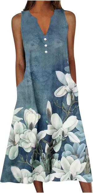 Women Sleeveless Casual Midi Dresses Cute Flower Graphic Print Sun Dresses Loose Vintage Beach Dress with Pockets