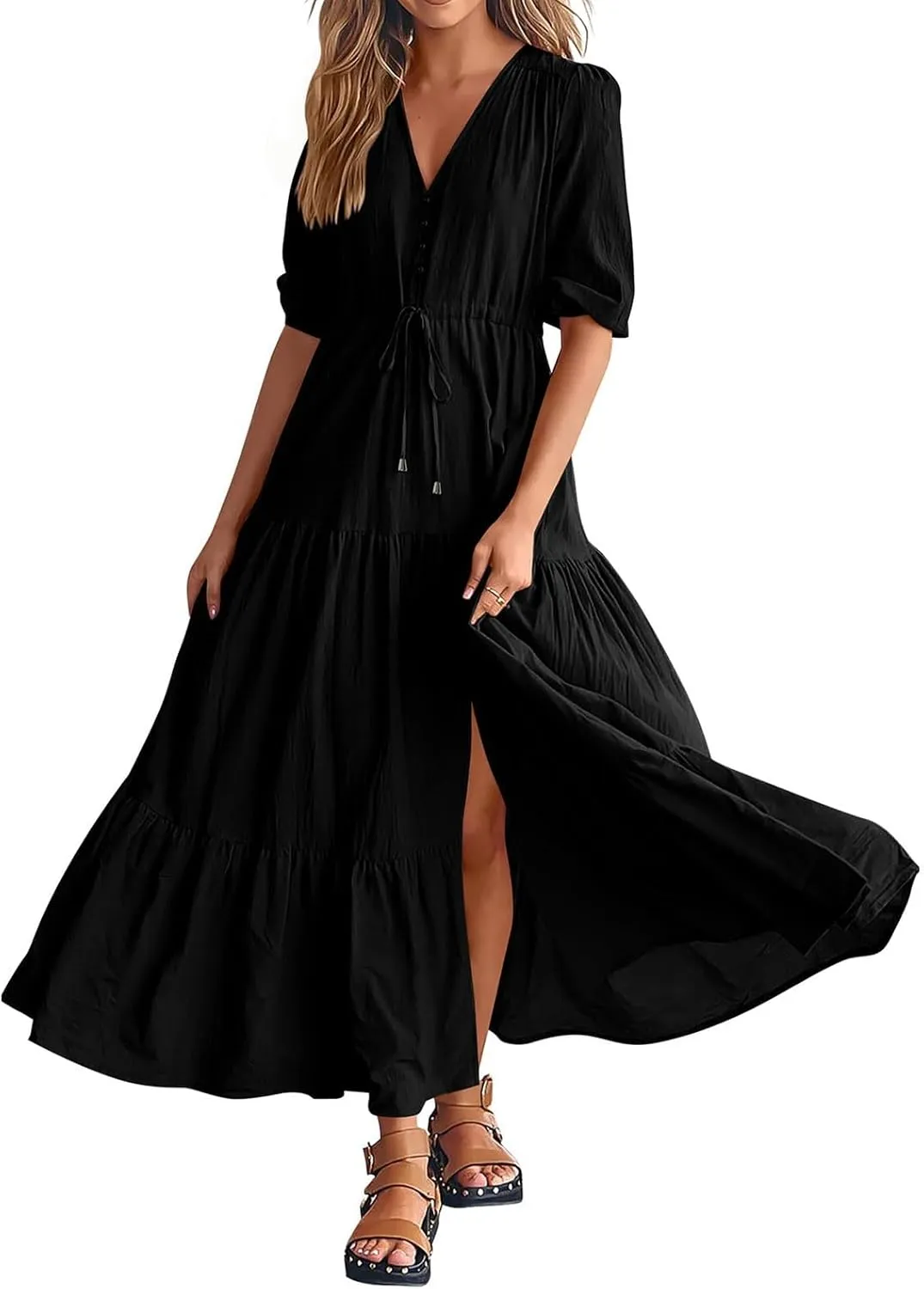 Women Summer Dresses Short Sleeves V Neck Button Drawstring Maxi Dresses Solid Color Boho Long Dresses Lace Cap