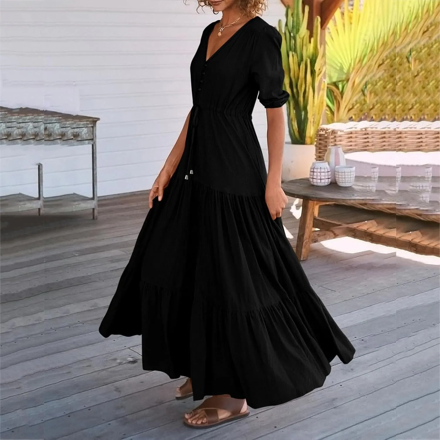 Women Summer Dresses Short Sleeves V Neck Button Drawstring Maxi Dresses Solid Color Boho Long Dresses Lace Cap