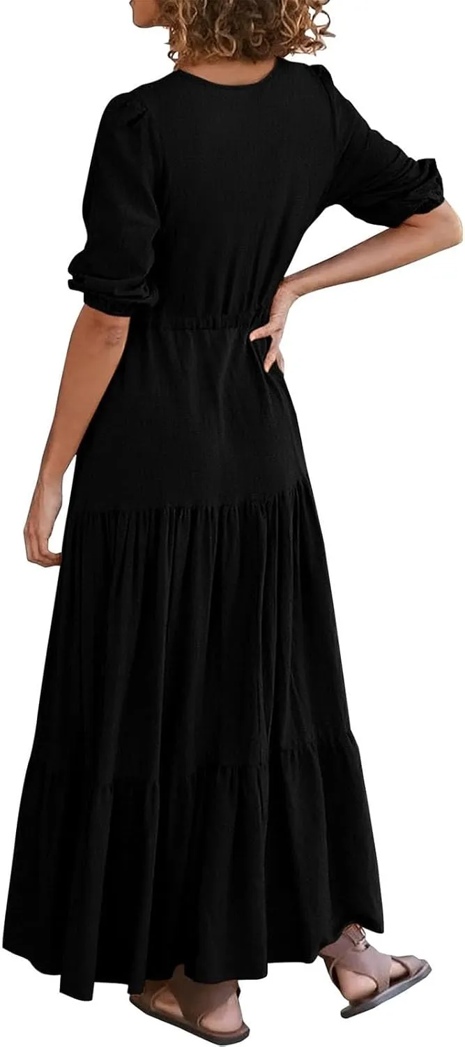 Women Summer Dresses Short Sleeves V Neck Button Drawstring Maxi Dresses Solid Color Boho Long Dresses Lace Cap
