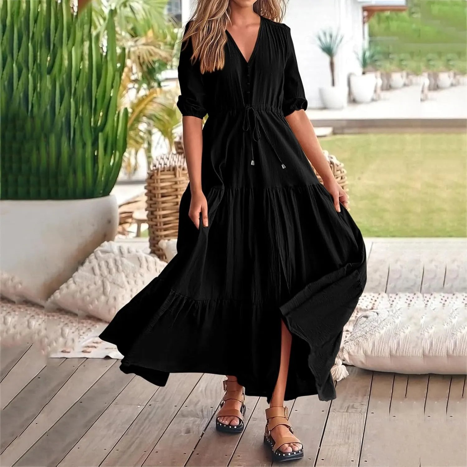 Women Summer Dresses Short Sleeves V Neck Button Drawstring Maxi Dresses Solid Color Boho Long Dresses Lace Cap