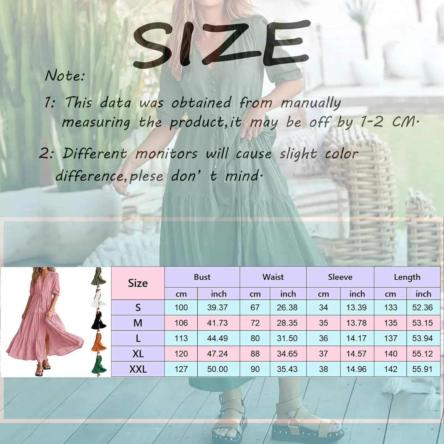 Women Summer Dresses Short Sleeves V Neck Button Drawstring Maxi Dresses Solid Color Boho Long Dresses Lace Cap