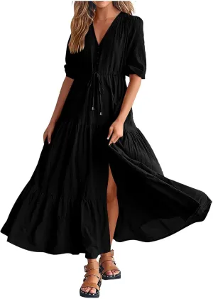 Women Summer Dresses Short Sleeves V Neck Button Drawstring Maxi Dresses Solid Color Boho Long Dresses Lace Cap