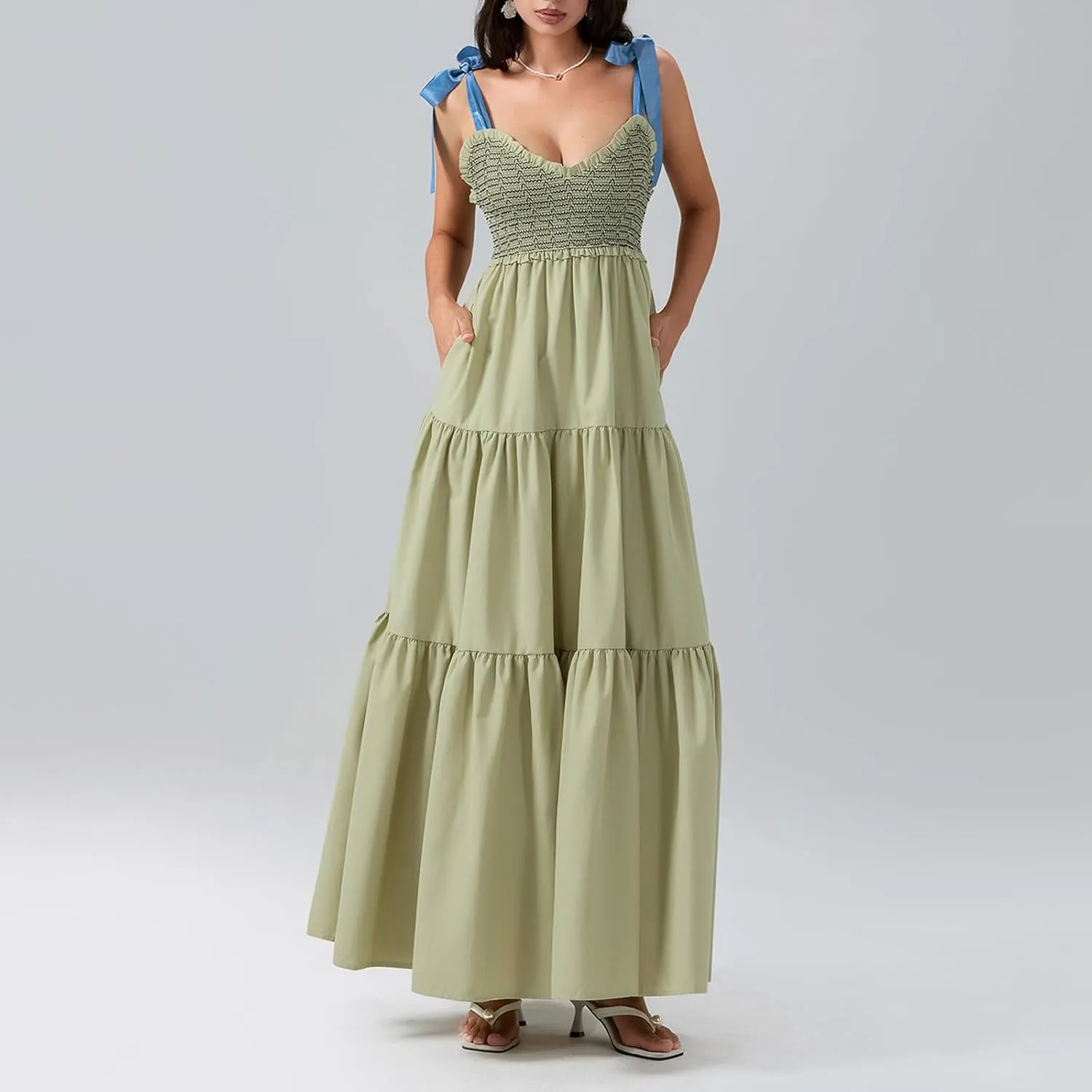 Women Summer Flowy Smocked Maxi Dress Sleeveless Spaghetti Strap Long Floral Dress Y2k Boho Beach Sundress