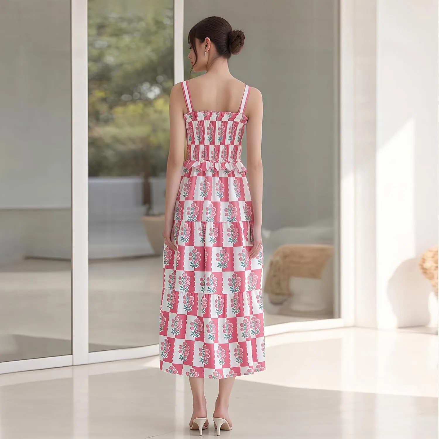 Women Summer Flowy Smocked Maxi Dress Sleeveless Spaghetti Strap Long Floral Dress Y2k Boho Beach Sundress