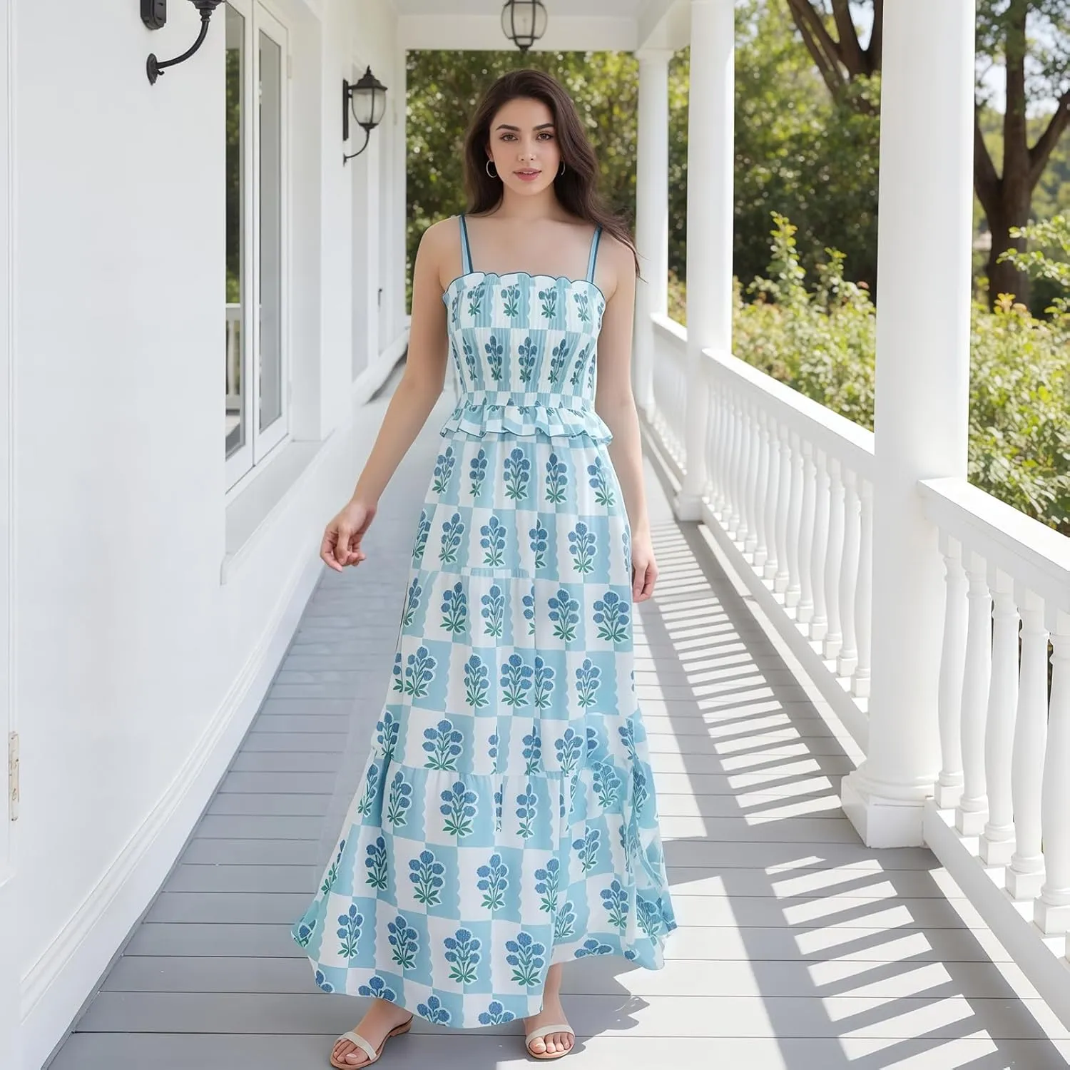 Women Summer Flowy Smocked Maxi Dress Sleeveless Spaghetti Strap Long Floral Dress Y2k Boho Beach Sundress