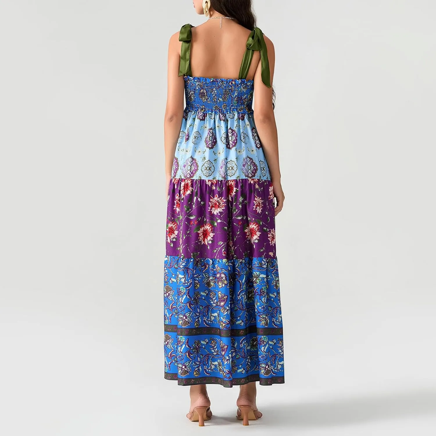 Women Summer Flowy Smocked Maxi Dress Sleeveless Spaghetti Strap Long Floral Dress Y2k Boho Beach Sundress