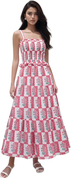 Women Summer Flowy Smocked Maxi Dress Sleeveless Spaghetti Strap Long Floral Dress Y2k Boho Beach Sundress
