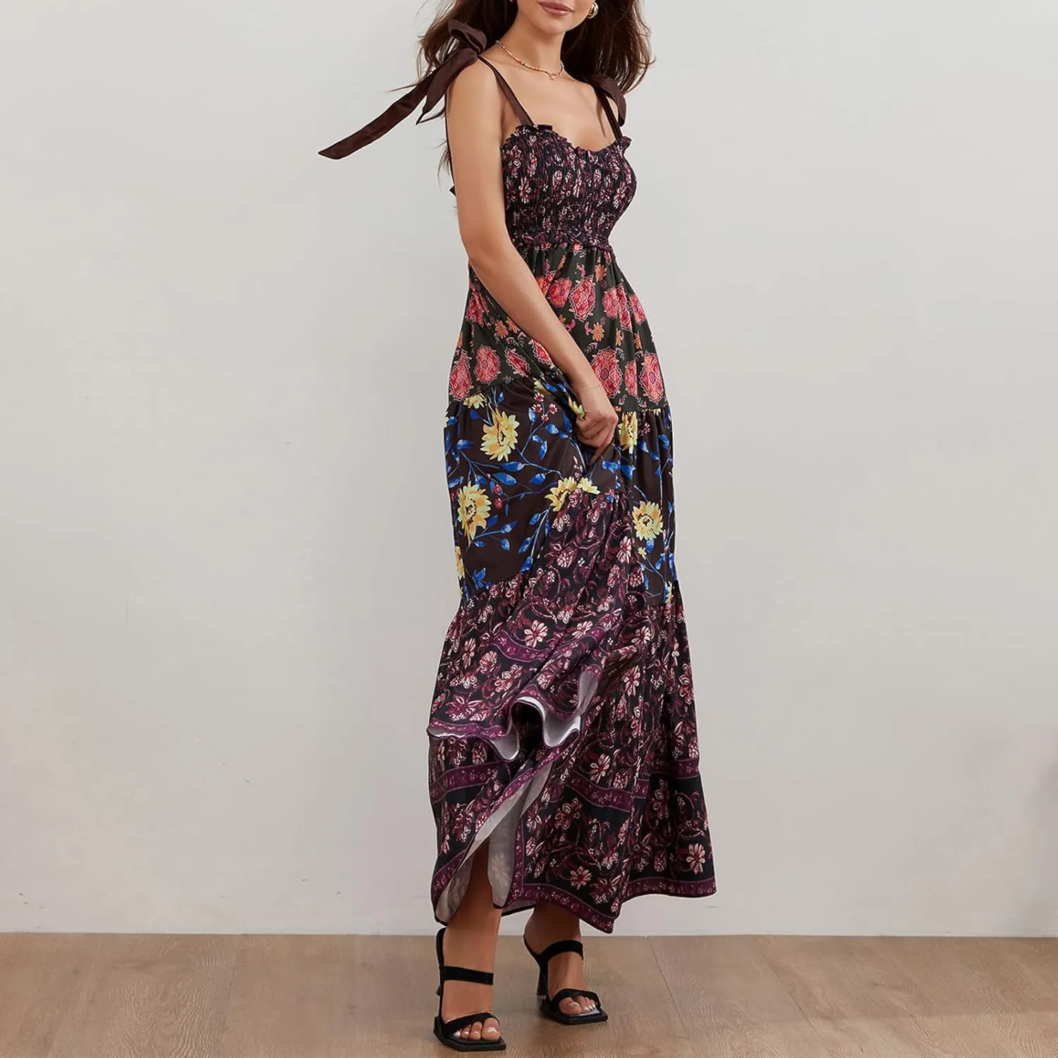 Women Summer Flowy Smocked Maxi Dress Sleeveless Spaghetti Strap Long Floral Dress Y2k Boho Beach Sundress