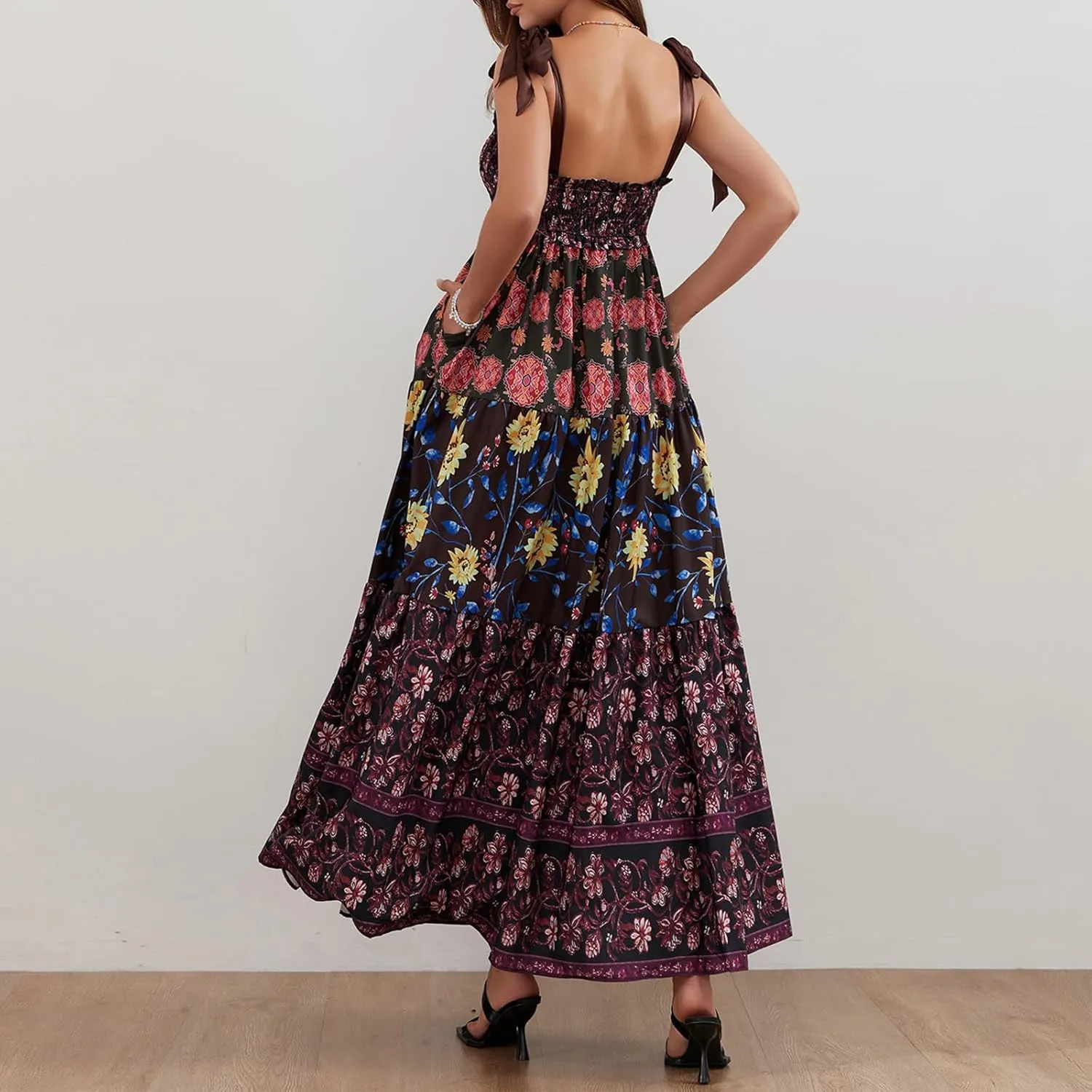 Women Summer Flowy Smocked Maxi Dress Sleeveless Spaghetti Strap Long Floral Dress Y2k Boho Beach Sundress