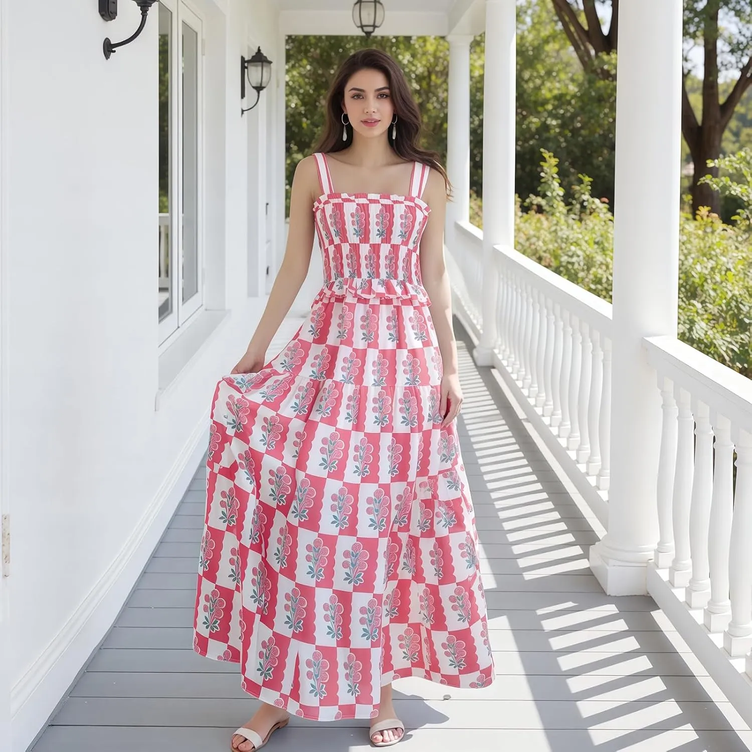 Women Summer Flowy Smocked Maxi Dress Sleeveless Spaghetti Strap Long Floral Dress Y2k Boho Beach Sundress