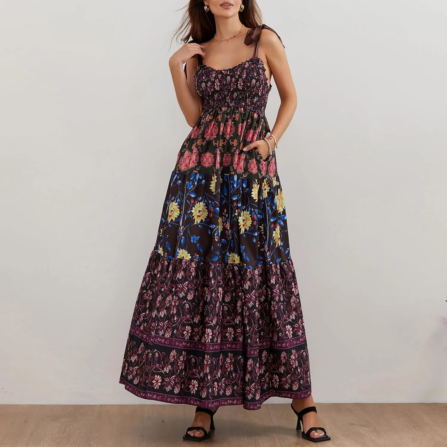 Women Summer Flowy Smocked Maxi Dress Sleeveless Spaghetti Strap Long Floral Dress Y2k Boho Beach Sundress