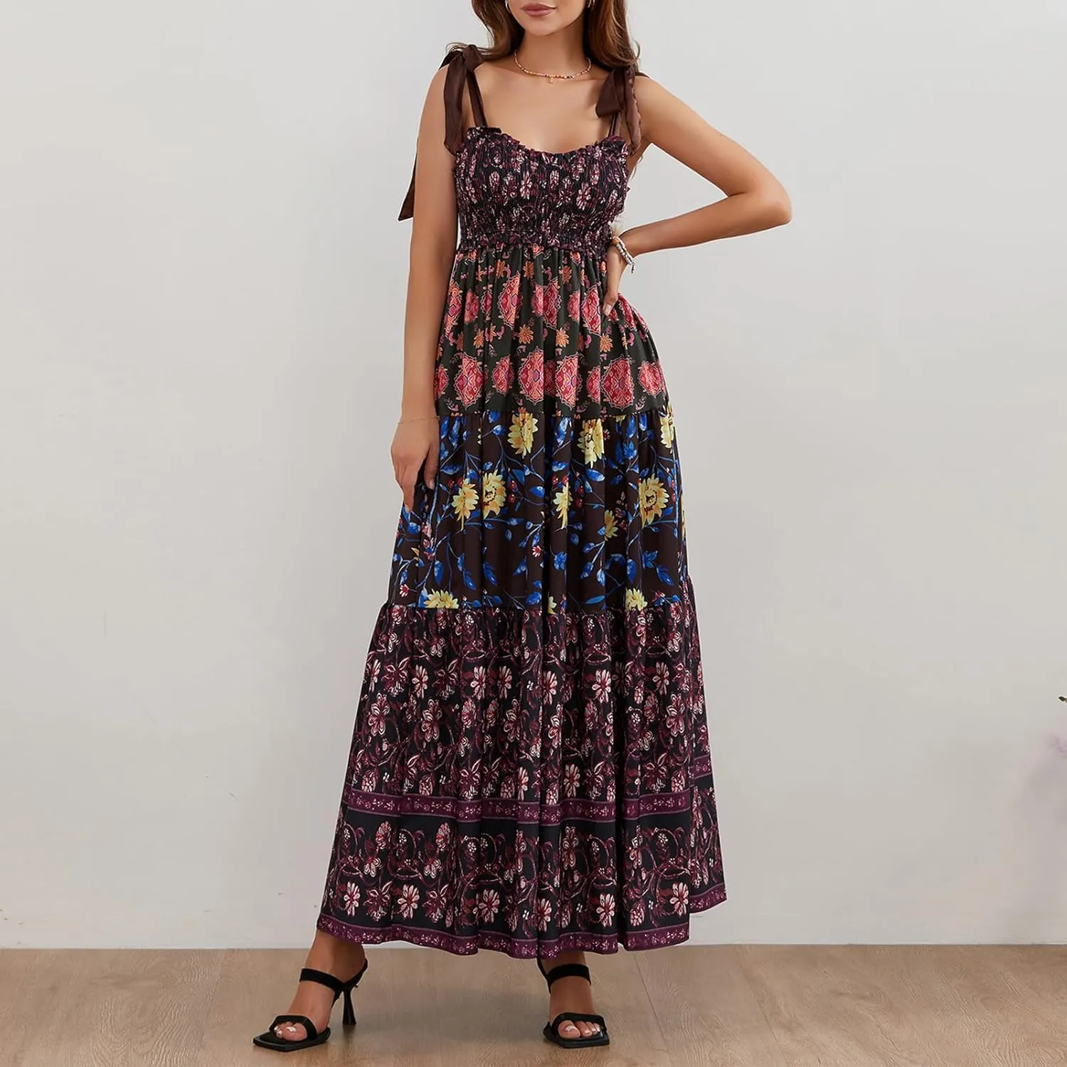 Women Summer Flowy Smocked Maxi Dress Sleeveless Spaghetti Strap Long Floral Dress Y2k Boho Beach Sundress
