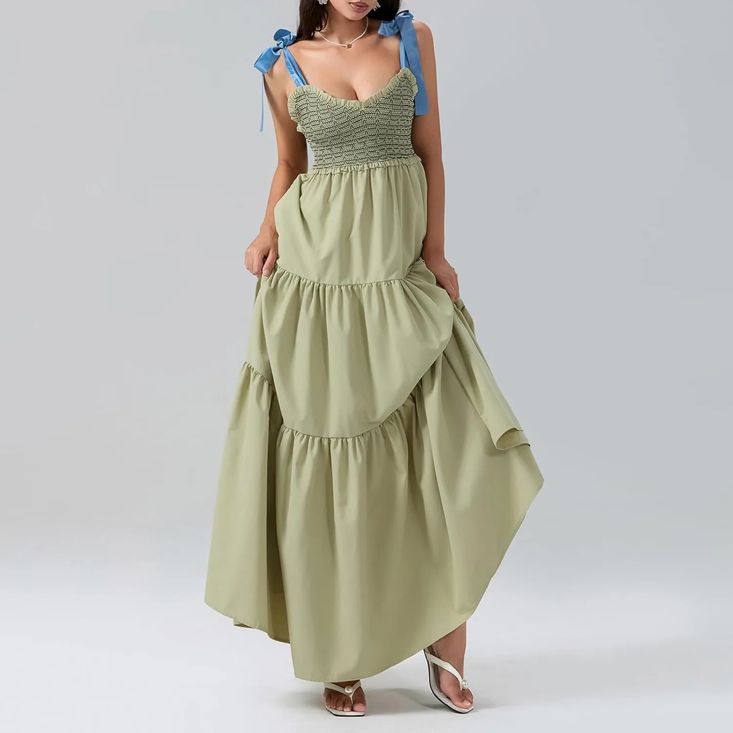 Women Summer Flowy Smocked Maxi Dress Sleeveless Spaghetti Strap Long Floral Dress Y2k Boho Beach Sundress