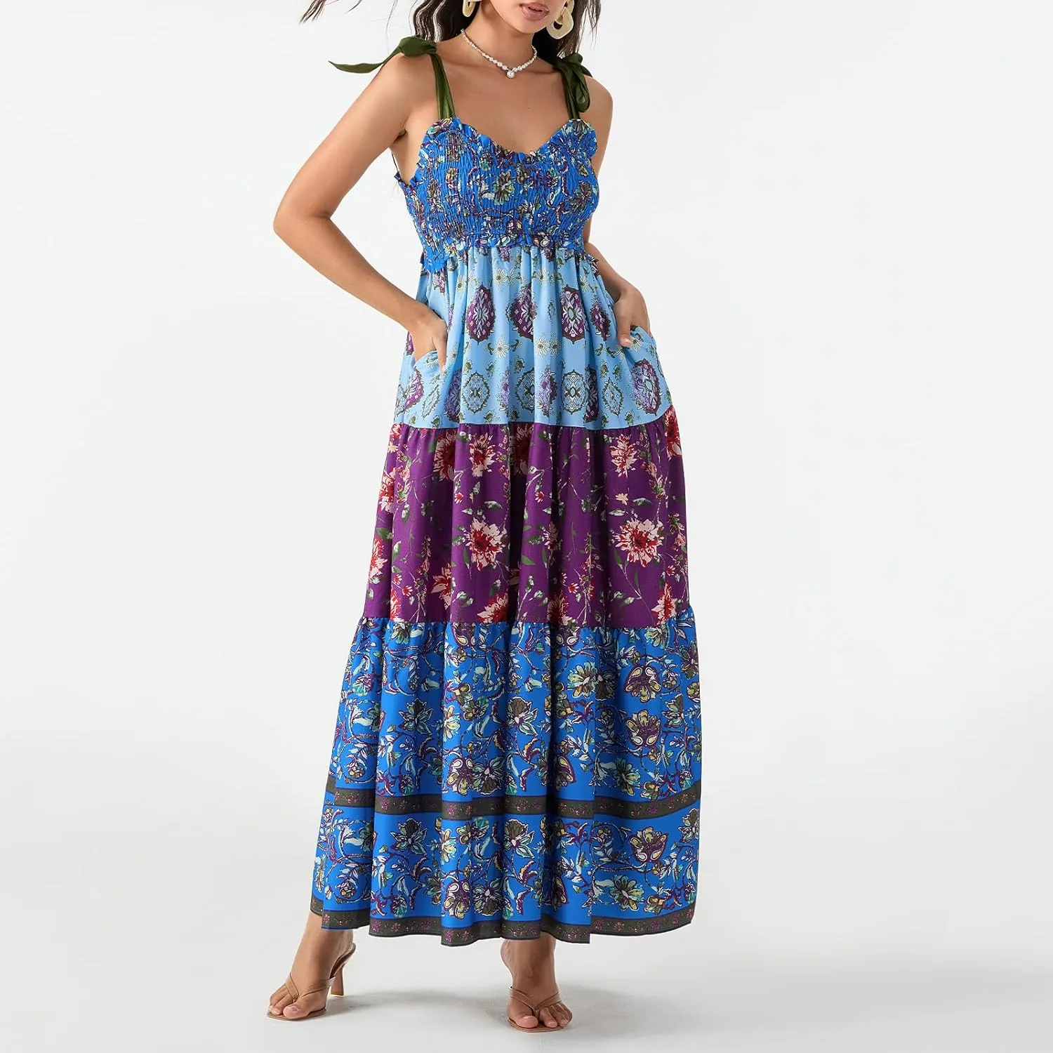 Women Summer Flowy Smocked Maxi Dress Sleeveless Spaghetti Strap Long Floral Dress Y2k Boho Beach Sundress